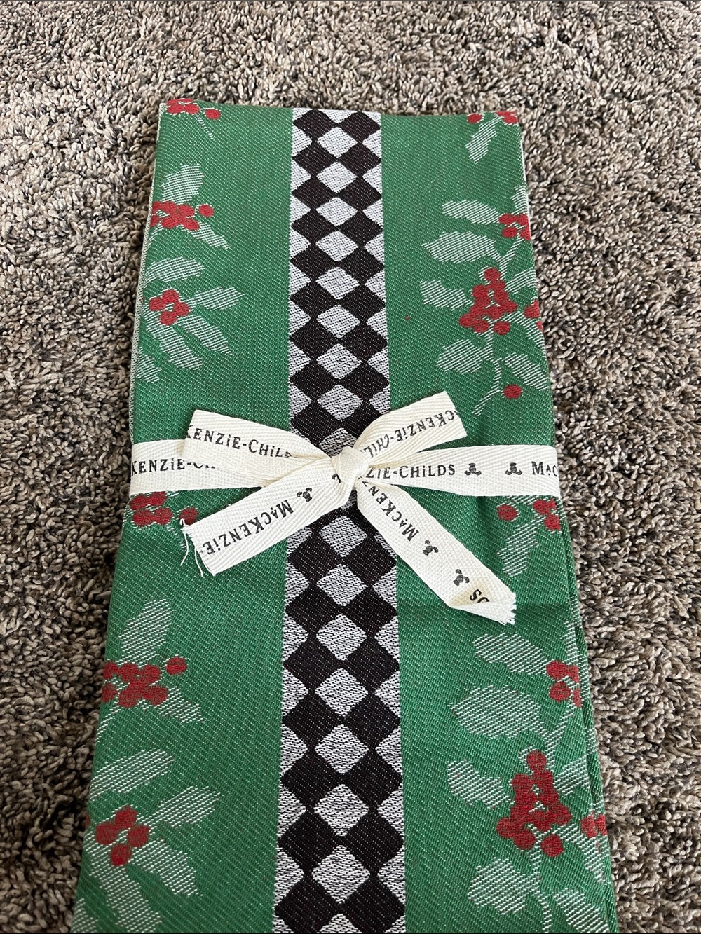 2 MacKenzie-Childs Green & Red Holiday Pine Dish Towels. Set of 2!  New.